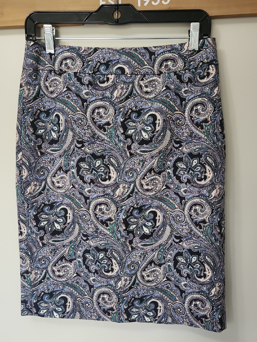 Ann Taylor Paisley Pencil Skirt Size 2 Blue Green Teal Cotton Lined Career Skirt